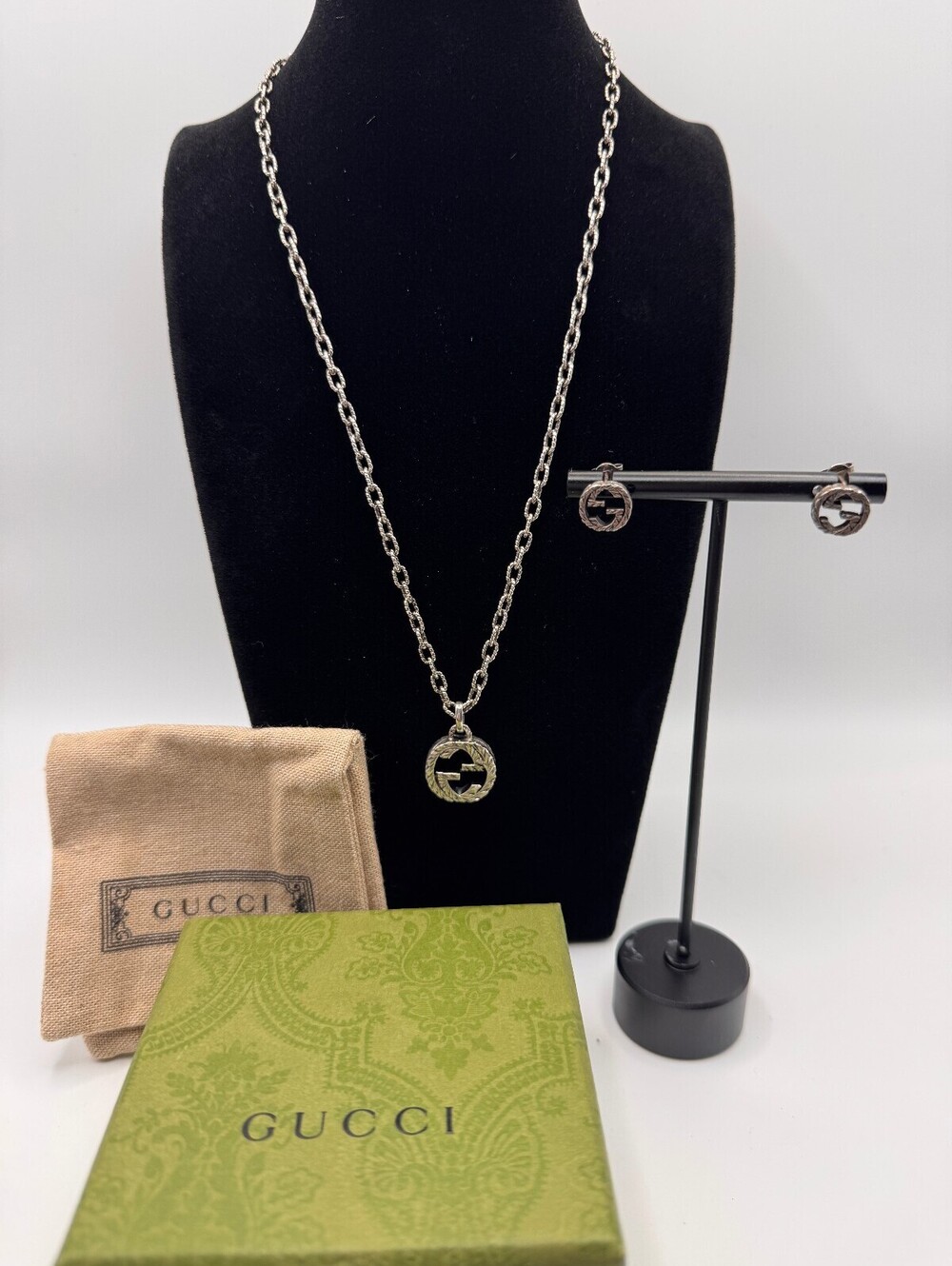 Gucci Interlocking G Engraved Sterling Silver Necklace and Earrings Set